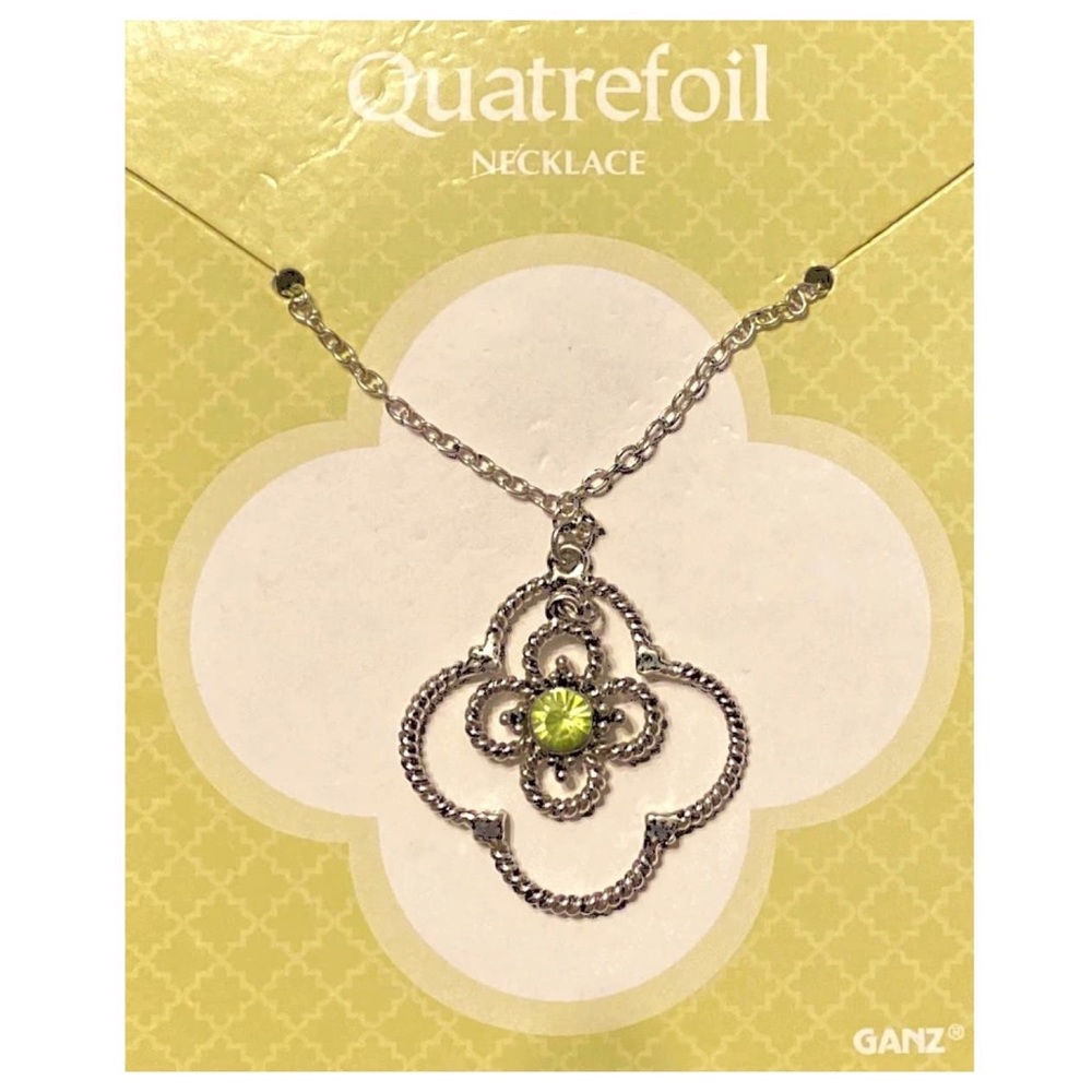 2/$15- Silvertone Quatrefoil Pendant Necklace w/ Light Green Stone